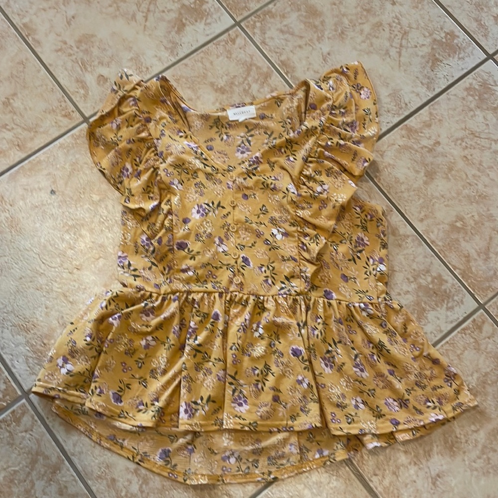 Peplum Style Blouse - Yellow Floral Pattern - Size Medium